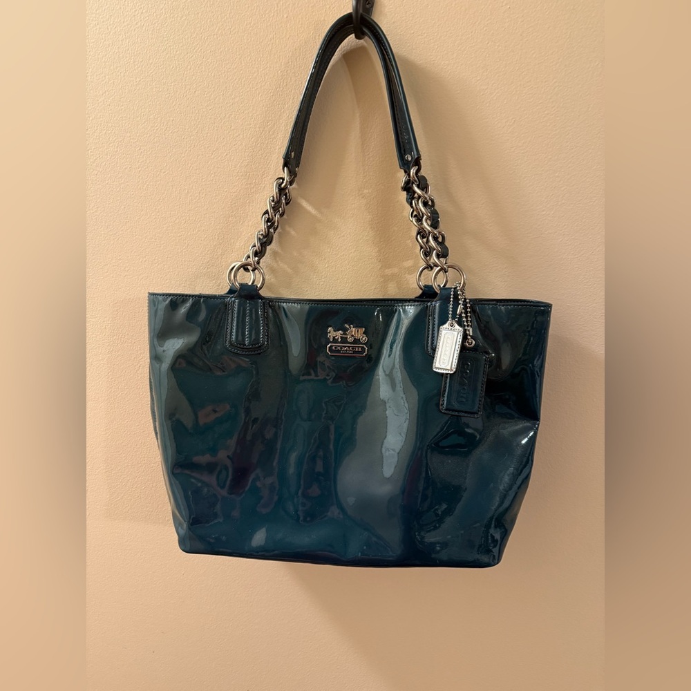 Coach Glitter Patent Leather Tote in Teal Blue